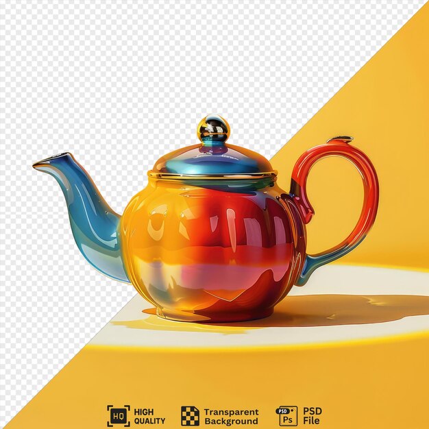 colorful teapot isolated on transparent background with a yellow wall in the background and a shadow cast on the table png psd