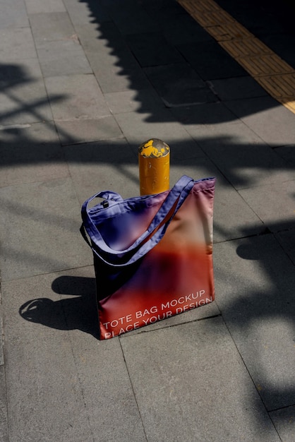 Colorful tote bag mock-up outdoors on golden hour