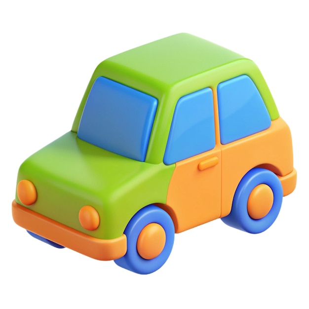 a colorful toy car with blue wheels and orange rims