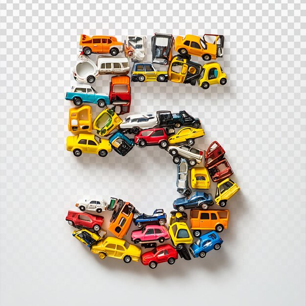 PSD colorful toy cars forming the number five