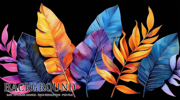 Colorful tropical leaves on black background