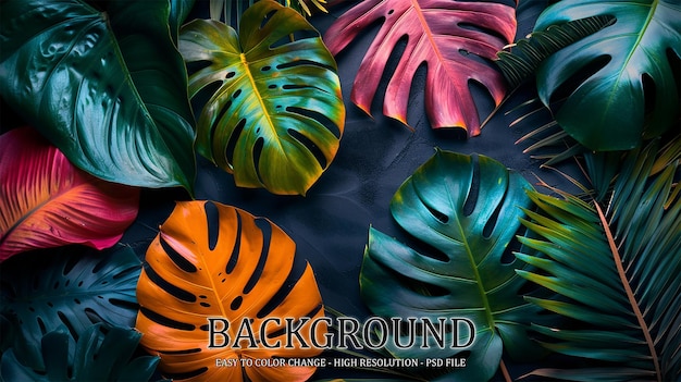 PSD colorful tropical leaves on black background