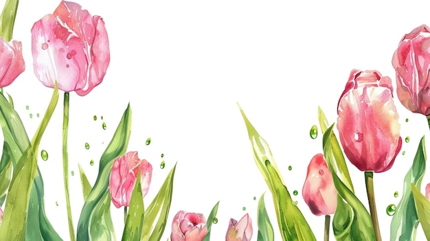 PSD colorful tulips with green leaves on a white background watercolor art aig56