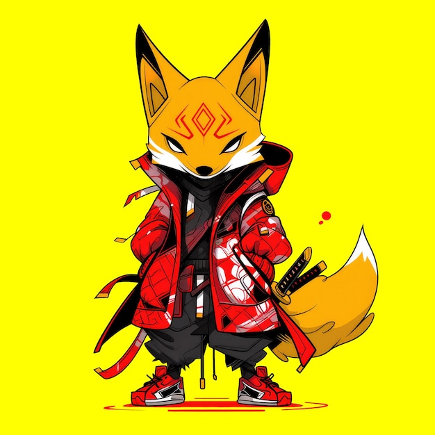 PSD colorful warrior character fox illustration design on transparent background