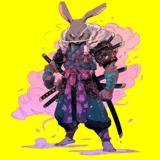 PSD colorful warrior character illustration design samurai rabbit on transparent background