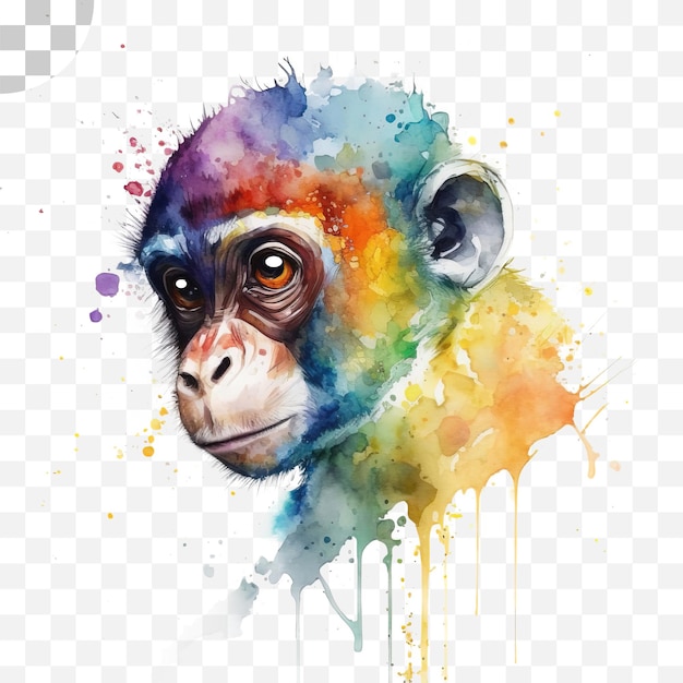 A colorful watercolor painting of a monkey with a rainbow background.