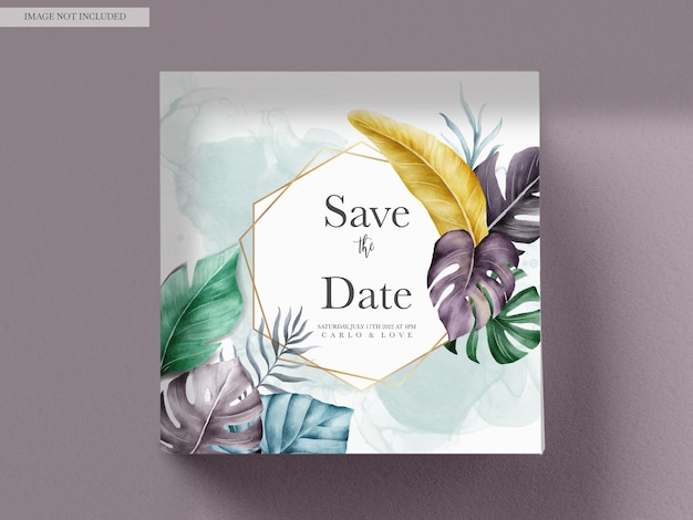 PSD colorful watercolor tropical leaves invitation card template