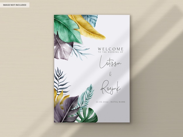 Colorful watercolor tropical leaves invitation card template