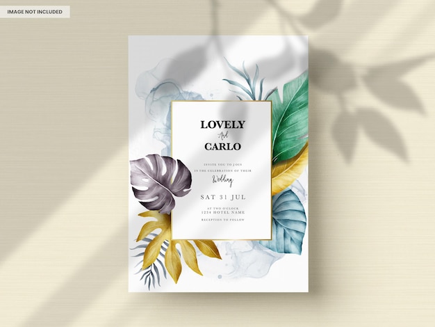 PSD colorful watercolor tropical leaves invitation card template