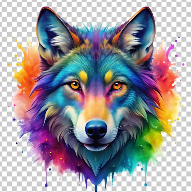 colorful wolf face head on transparent background