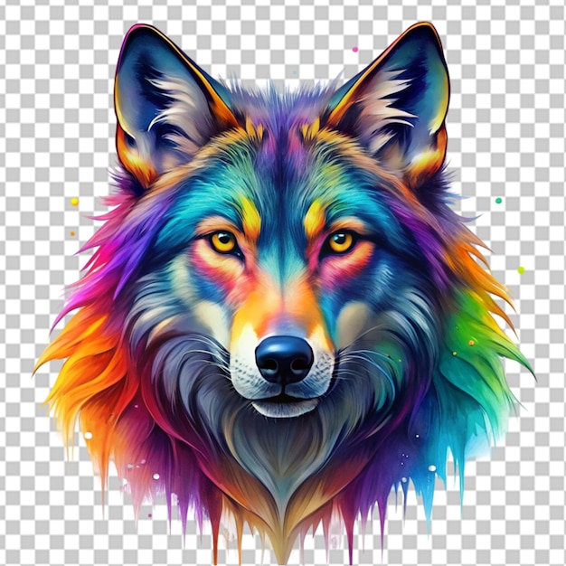 colorful wolf face head on transparent background