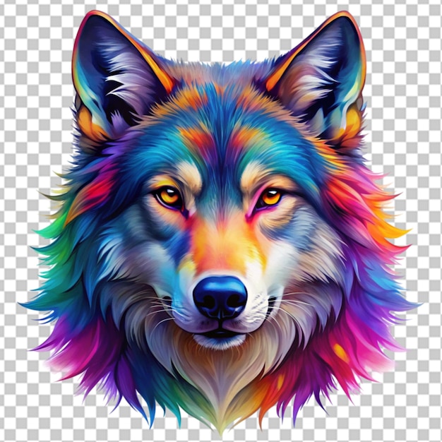 PSD colorful wolf face head on transparent background