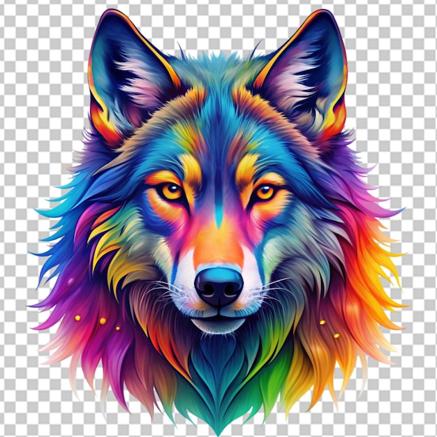 PSD colorful wolf face head on transparent background