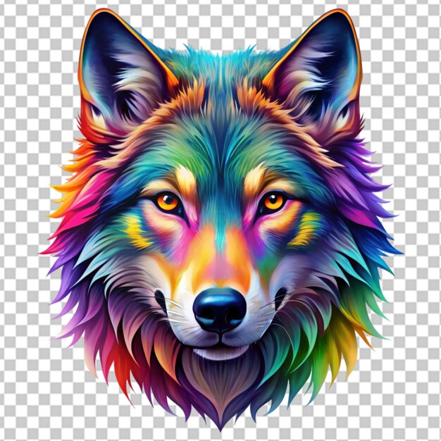 PSD colorful wolf face head on transparent background