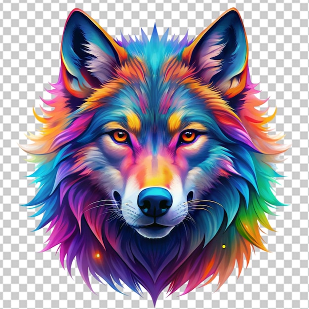 colorful wolf face head on transparent background