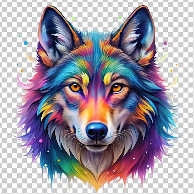 PSD colorful wolf face head on transparent background