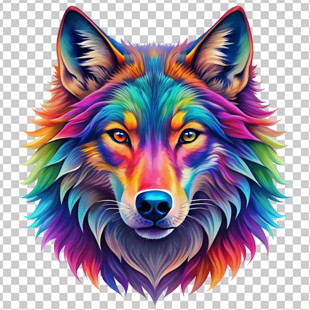 colorful wolf face head on transparent background