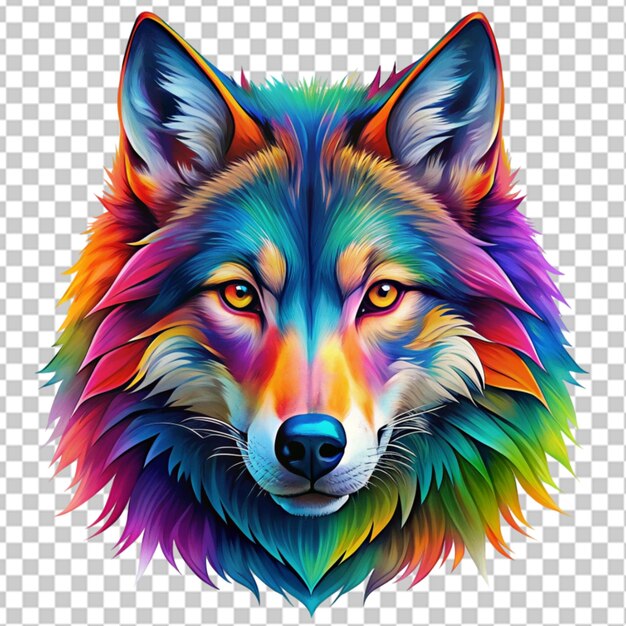 colorful wolf face head on transparent background