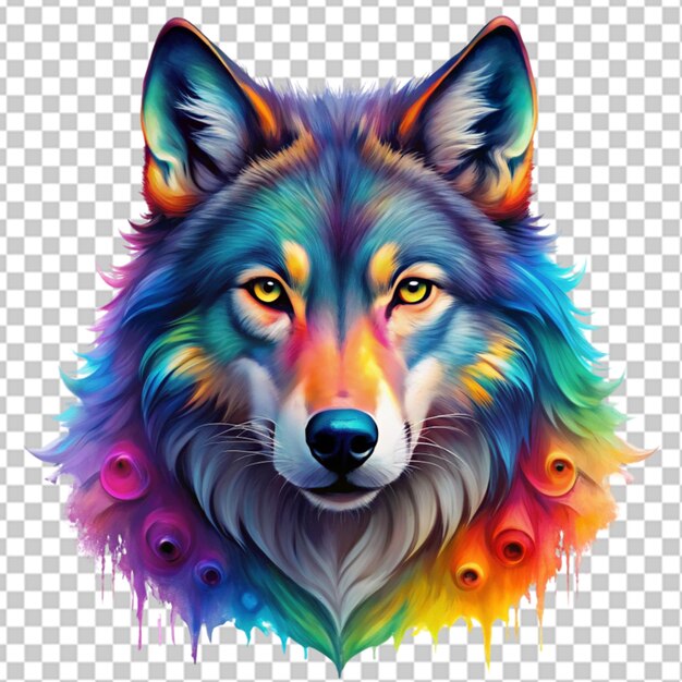 PSD colorful wolf face head on transparent background