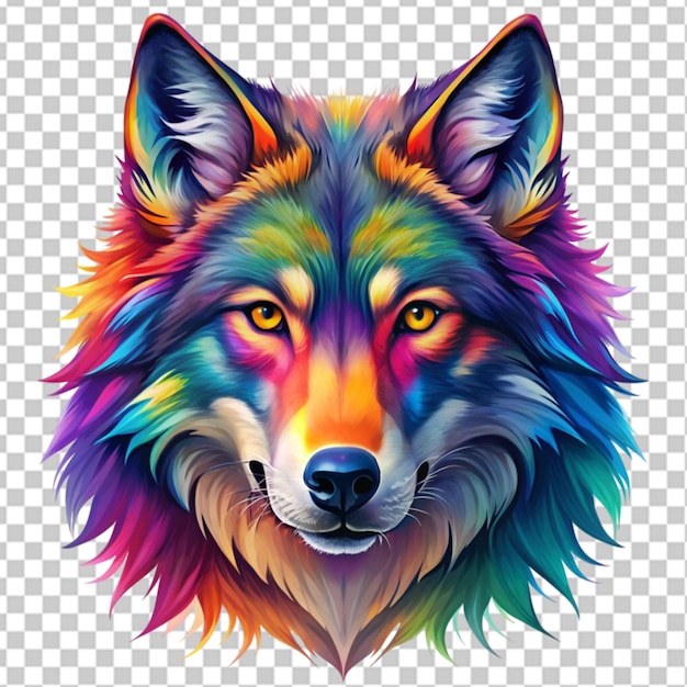 PSD colorful wolf face head on transparent background