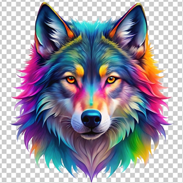 PSD colorful wolf face head on transparent background