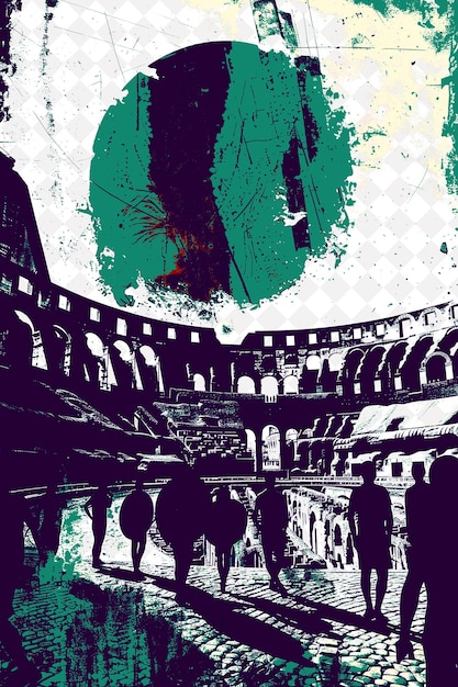 PSD colosseum scene with gladiators and spectators and a red shi italy culture illustration design