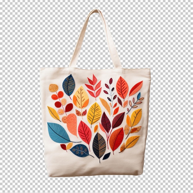 A colourful tote bag with leafs isolated on transparent background