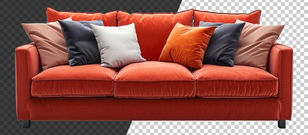 Comfortable leather sofa with colorful pillows on transparent background stock png