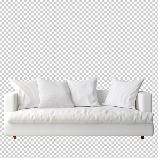 Comfy white couch with pillows isolated on transparent background