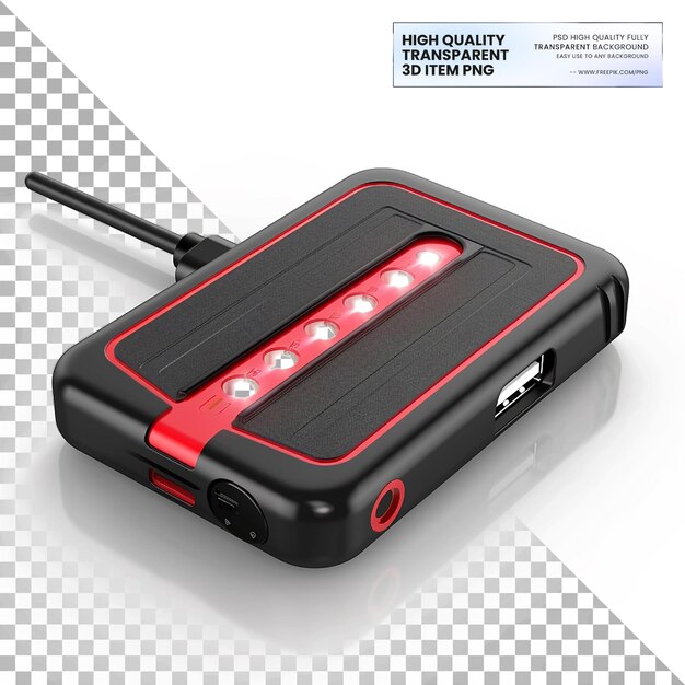 PSD compact jump starter with builtin features on transparent background