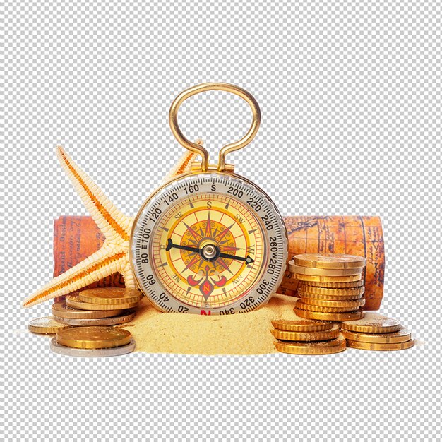 PSD a compass with a pocket watch on top of it