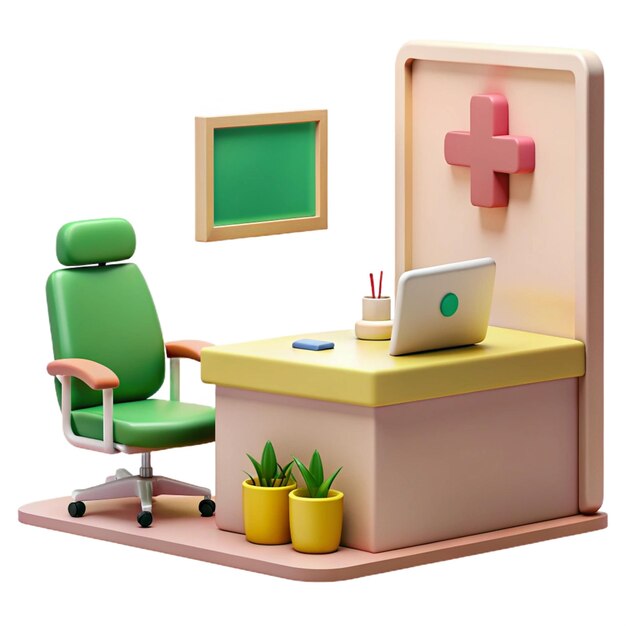 PSD a computer desk with a green chair and a white laptop on it