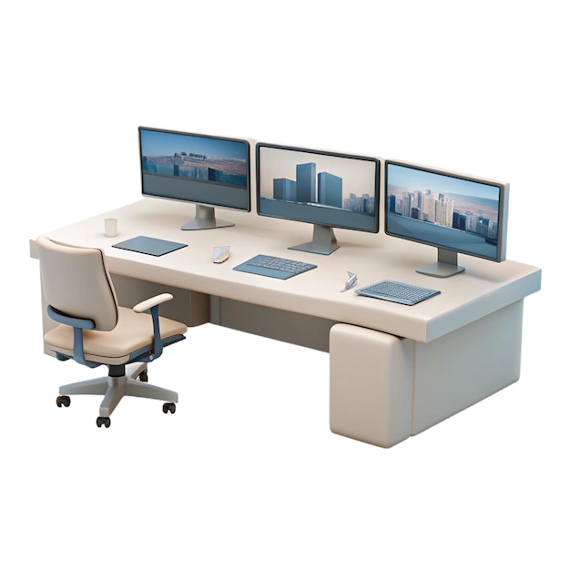 a computer desk with two monitors and a laptop on it