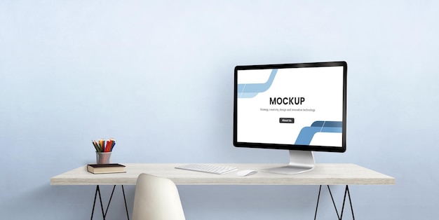 Computer display on work desk mockup scene creator