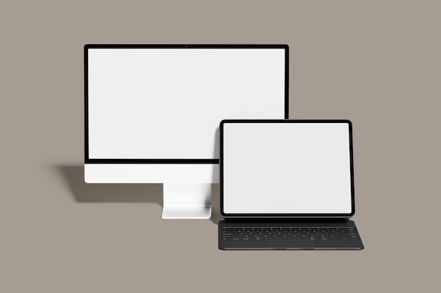 a computer monitor and keyboard are on a brown background