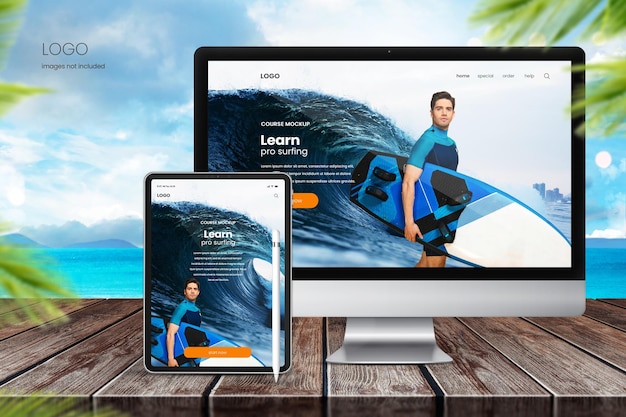 Computer monitor mockup and tablet mockup on beach background with ocean and blue sky