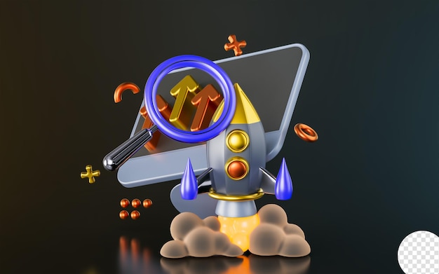 PSD computer monitor with rocket magnify glass up arrow sign on dark background 3d render concept