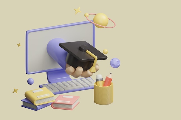 A computer screen with a graduation cap and a book on it.