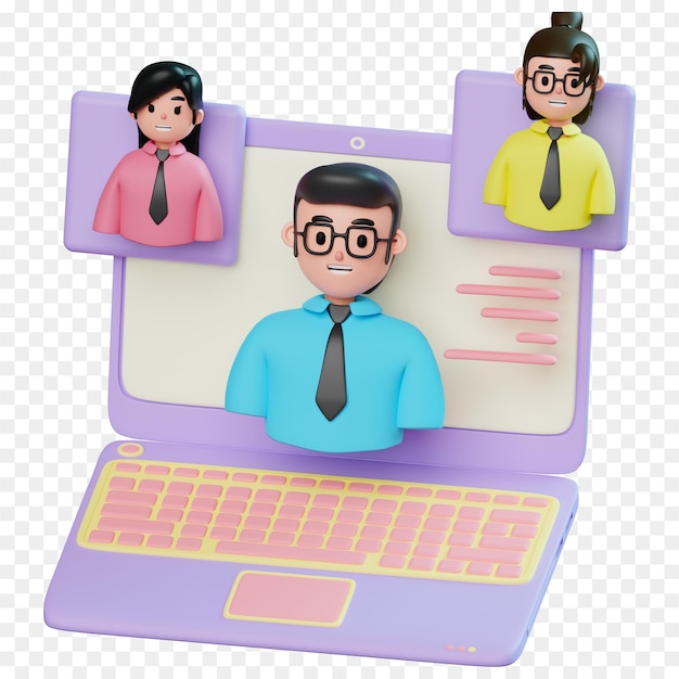 PSD a computer screen with a man and a woman on it that says chat on it 3d business meeting icon