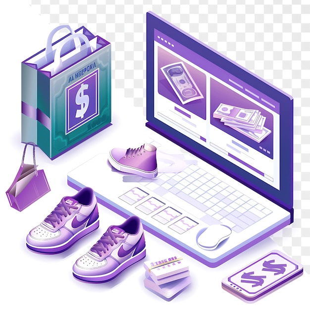 PSD a computer screen with shoes and a bag of money on it