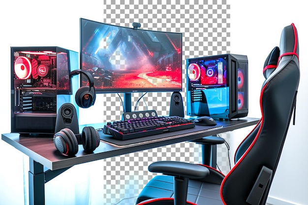 Computer setup with a gaming chair isolated on transparent background