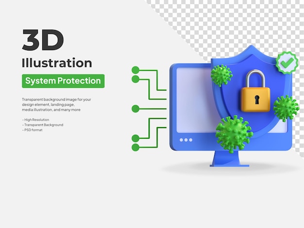 Computer virus protection system 3d icon illustration