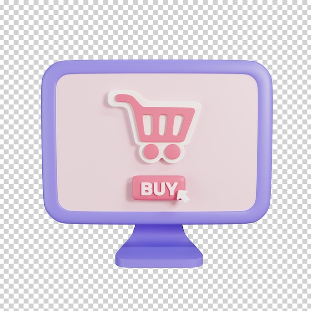 Computer with click Buy button and shopping cart symbol isolated Online shopping icon 3D Render