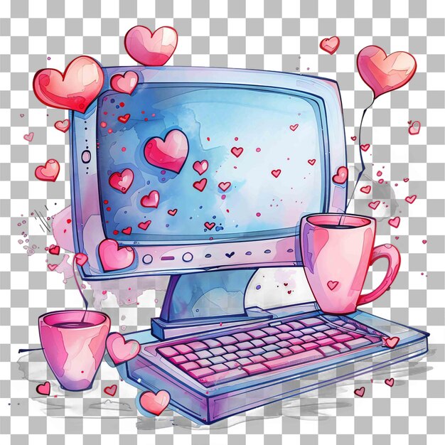 PSD a computer with hearts and a cup of coffee with hearts on the screen