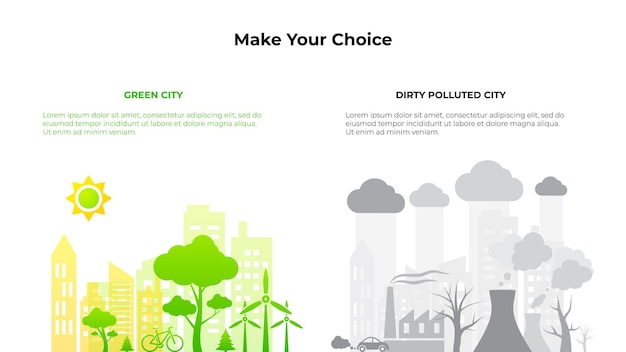 PSD concept of clean green and dirty polluted city ecology infographic