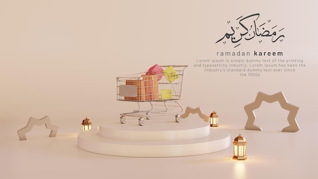 Concept of islamic ramadan kareem and eid al fitr adha with 3d shopping cart and lantern