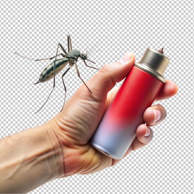 PSD concepto of hand holding mosquito spray on transparent background