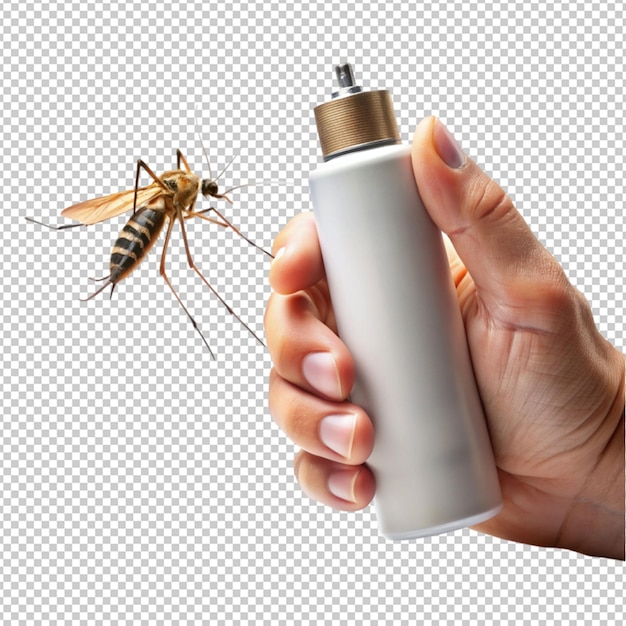 PSD concepto of hand holding mosquito spray on transparent background