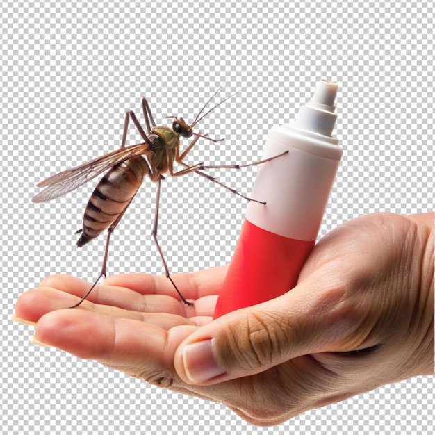 PSD concepto of hand holding mosquito spray on transparent background