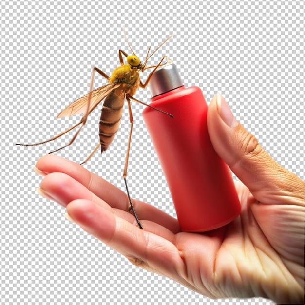 PSD concepto of hand holding mosquito spray on transparent background